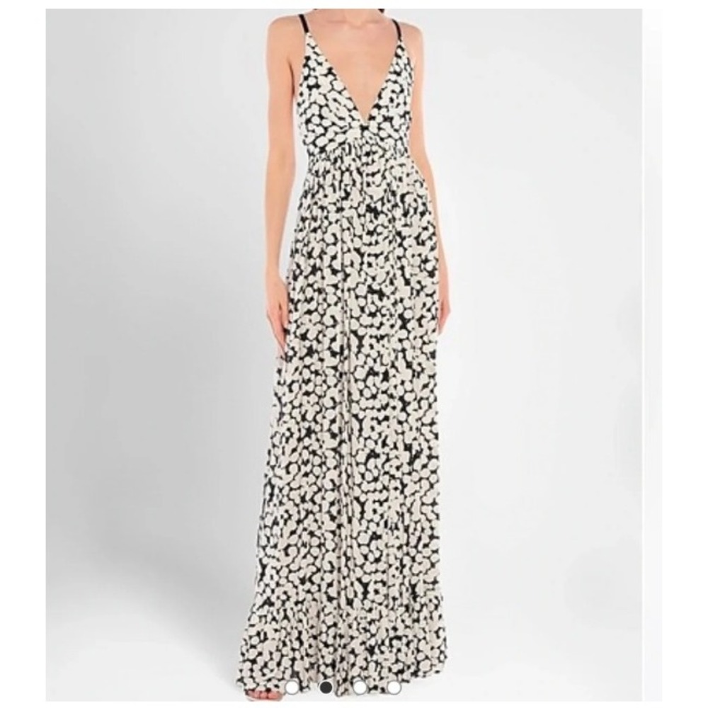 Proenza Schouler Cream Black Floral V-Neck Ruffle Hem Maxi Dress Size 2